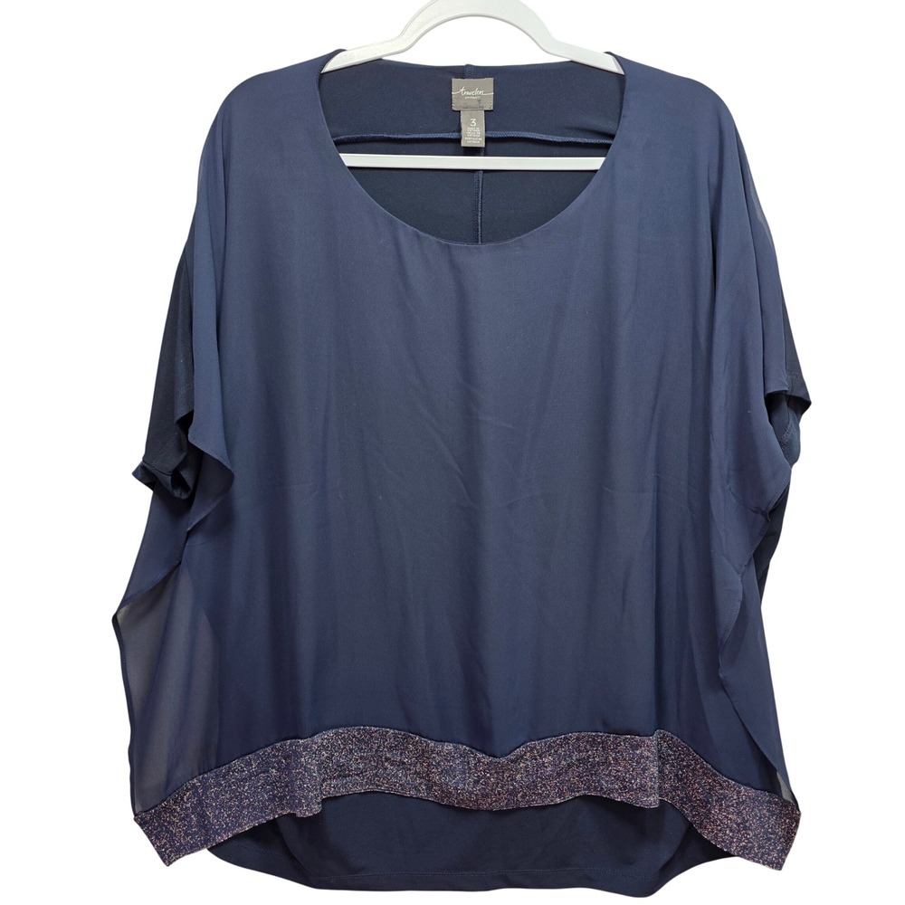 Travelers by Chicos Navy Blue Layered Chiffon Metallic Hem Blouse Top Size 3 XL